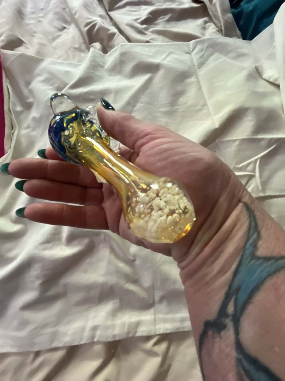 Fumed Glass Spoon Piece with Blue Swirl Accents and White Confetti Detail - Picture 8 of 9